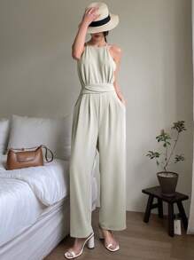 DAZY 纯色系带露背拉链吊带连体裤女式连体裤 - 薄荷綠 - 查看 8