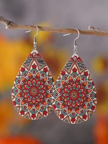 1 đôi Bohemian Mandala Họa Tiết Hoa Bông Tai Giọt Nước Dành Cho Nữ Trang Trí Hàng Ngày - Màu Đỏ Sâu - Xem 1