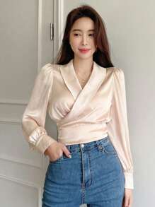 DAZY 纯色披肩领裹身细节短款衬衫秋季上衣长袖上衣 - 杏色 - 查看 6