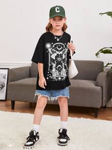 SHEIN Girls Cartoon Graphic Drop Shoulder Tee - Black - View 4
