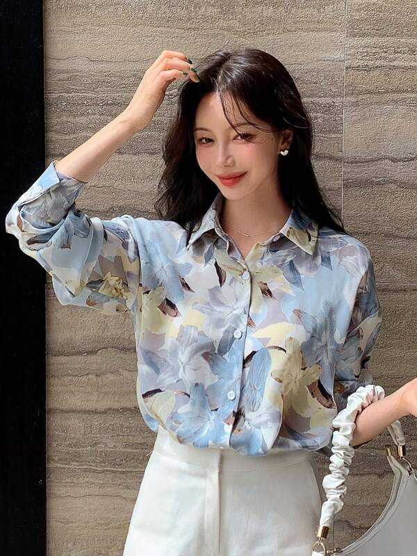 DAZY Floral Print Drop Shoulder Shirt,Long Sleeve Tops,Fall Clothes
