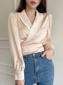 DAZY 纯色披肩领裹身细节短款衬衫秋季上衣长袖上衣 - 杏色 - 查看 7