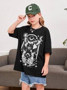 SHEIN Girls Cartoon Graphic Drop Shoulder Tee - Black - View 5