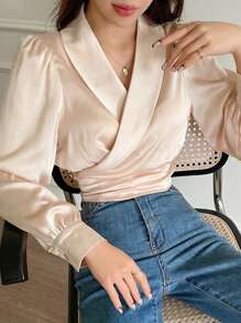 DAZY 纯色披肩领裹身细节短款衬衫秋季上衣长袖上衣 - 杏色 - 查看 8