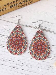 1 đôi Bohemian Mandala Họa Tiết Hoa Bông Tai Giọt Nước Dành Cho Nữ Trang Trí Hàng Ngày - Màu Đỏ Sâu - Xem 4