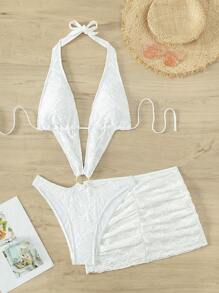 Swim SXY Summer Beach Ring Linked Halter One Piece Swimsuit With Beach Skirt - White - View 5