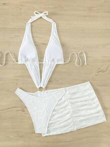 Swim SXY Summer Beach Ring Linked Halter One Piece Swimsuit With Beach Skirt - White - View 6