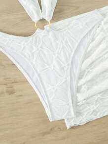 Swim SXY Summer Beach Ring Linked Halter One Piece Swimsuit With Beach Skirt - White - View 7
