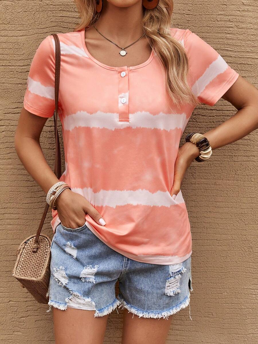 SHEIN LUNE 紮染半排扣T恤 - 珊瑚橙 - 查看 1
