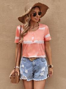 SHEIN LUNE 紮染半排扣T恤 - 珊瑚橙 - 查看 5