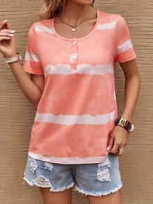 SHEIN LUNE 紮染半排扣T恤 - 珊瑚橙 - 查看 6