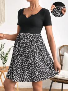 SHEIN Maternity Notched Neck Tee & Ditsy Floral Print Adjustable Waist Skirt - Black and White - View 1