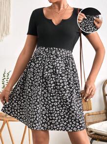 SHEIN Maternity Notched Neck Tee & Ditsy Floral Print Adjustable Waist Skirt - Black and White - View 6
