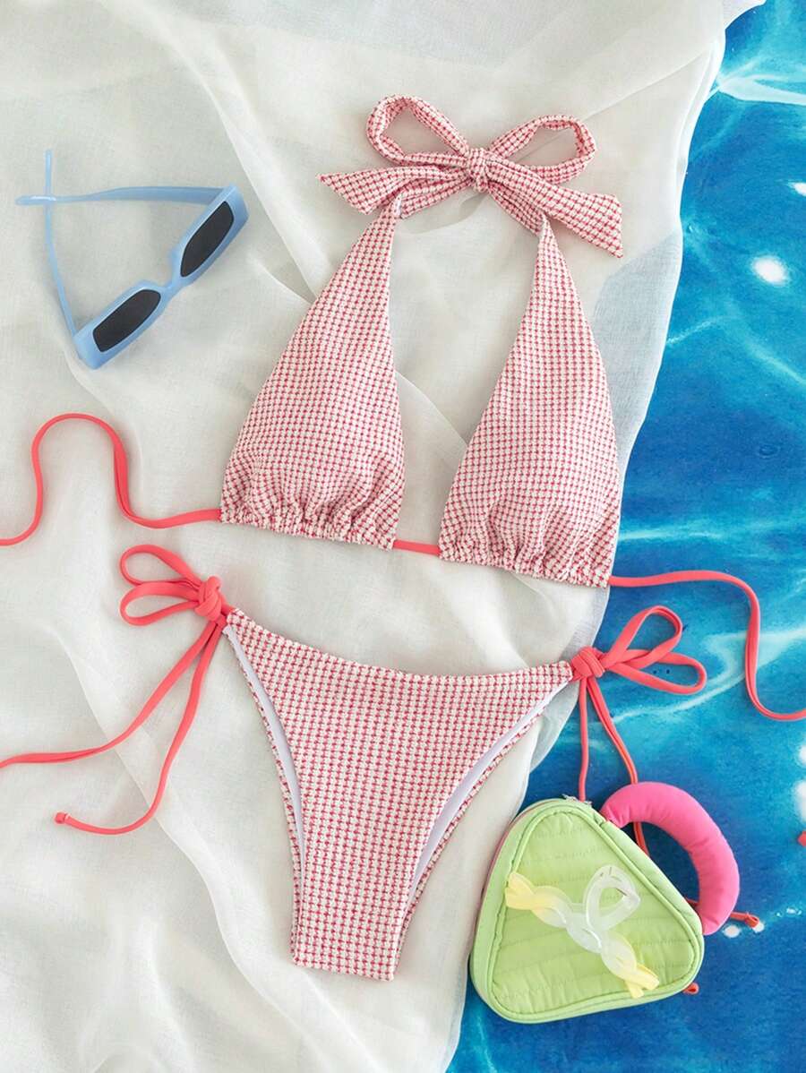 吊脖側繫帶比基尼泳裝 - 紅白色 - 查看 1