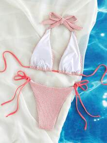 吊脖側繫帶比基尼泳裝 - 紅白色 - 查看 4