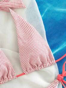 吊脖側繫帶比基尼泳裝 - 紅白色 - 查看 5