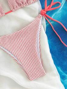 吊脖側繫帶比基尼泳裝 - 紅白色 - 查看 6