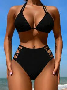 Cut Out Halter Triangle Bikini Set - Black - View 1