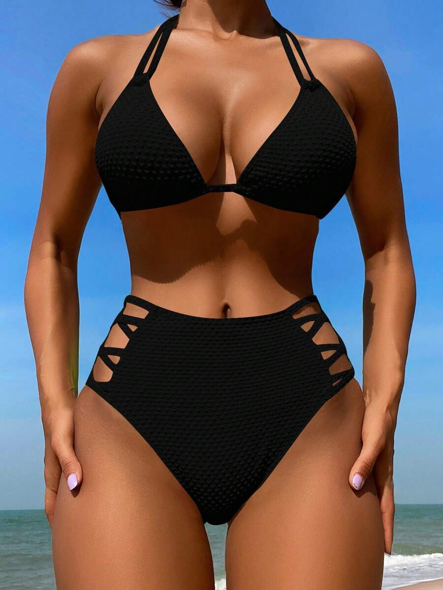 Cut Out Halter Triangle Bikini Set - Black - View 1