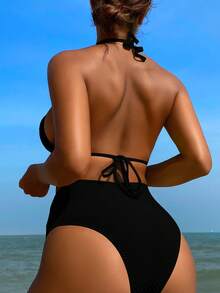 Cut Out Halter Triangle Bikini Set - Black - View 2