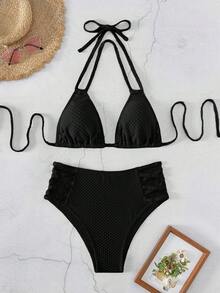 Cut Out Halter Triangle Bikini Set - Black - View 3
