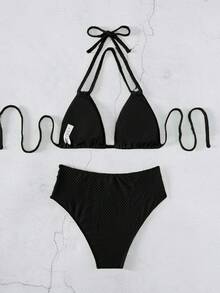 Cut Out Halter Triangle Bikini Set - Black - View 4