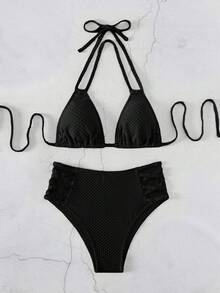 Cut Out Halter Triangle Bikini Set - Black - View 7