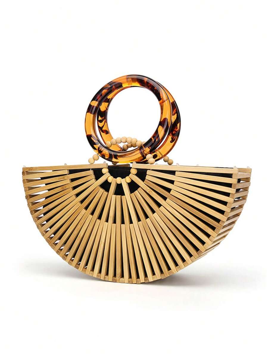 素色手提包雙把手適用於度假風格 - 駝色 - 查看 1