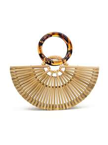 素色手提包雙把手適用於度假風格 - 駝色 - 查看 7