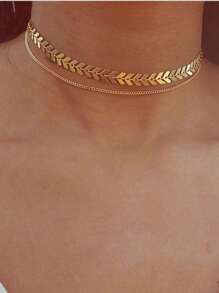 1 套金色双层链鱼骨项链、手链、耳环套装，配人造珍珠和水钻，男女通用情侣时尚配饰