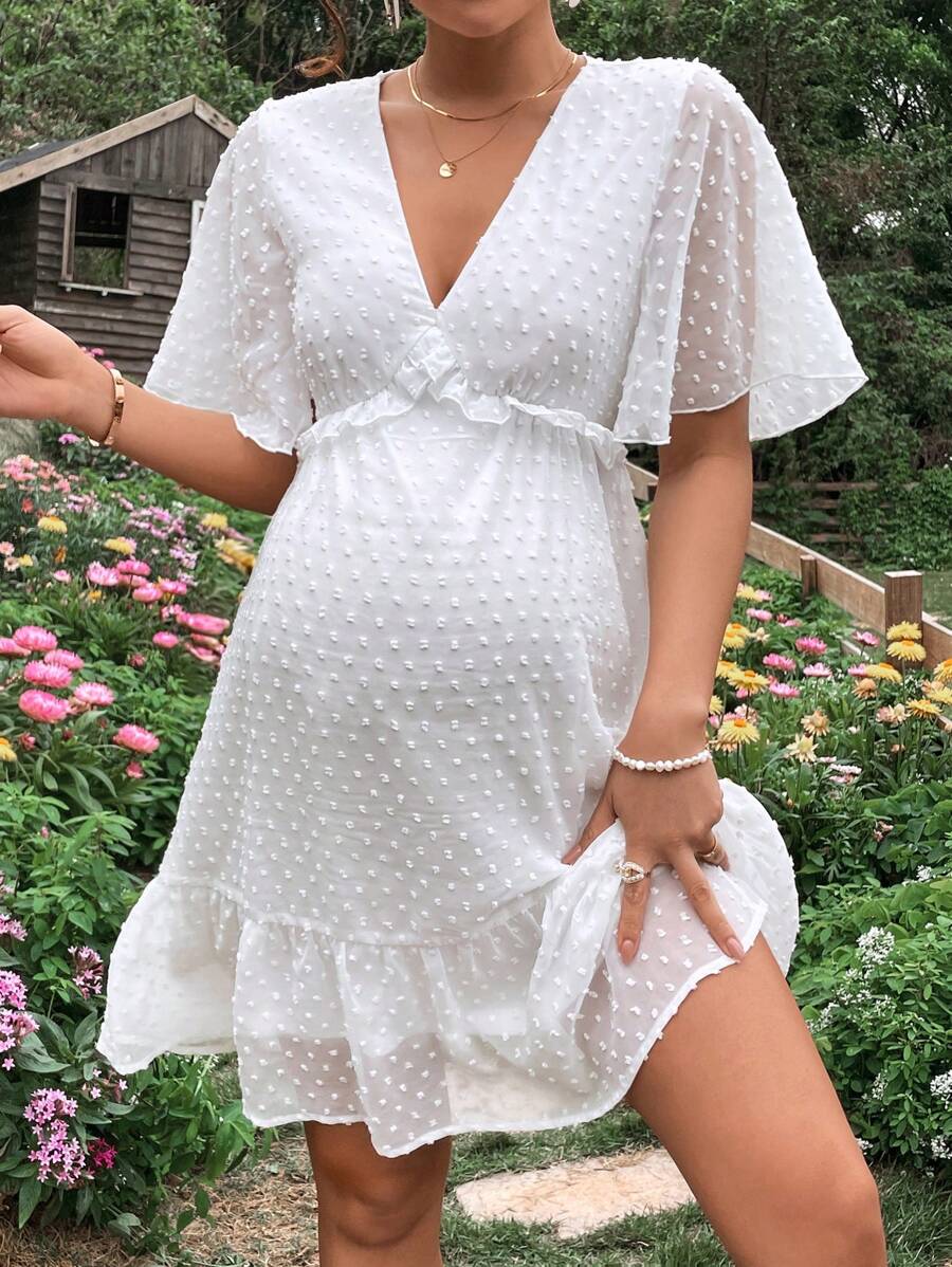 SHEIN Maternity Swiss Dot Butterfly Sleeve Ruffle Hem Dress - White - View 1