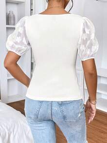 SHEIN Privé 貼花泡泡袖方領T恤 - 白色 - 查看 3