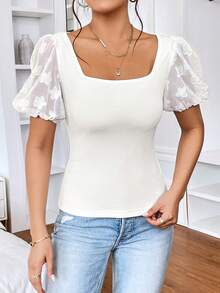 SHEIN Privé 貼花泡泡袖方領T恤 - 白色 - 查看 5