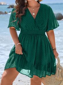 Breezaya 大碼圓點蝴蝶袖荷葉邊洋裝 - 墨綠色 - 查看 1