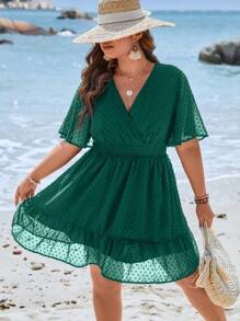 Breezaya 大碼圓點蝴蝶袖荷葉邊洋裝 - 墨綠色 - 查看 3