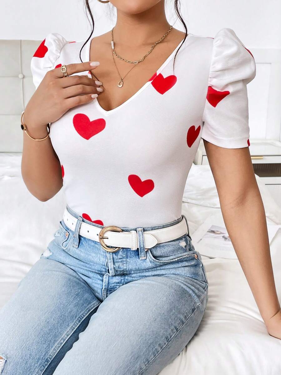 SHEIN Privé 愛心圖案泡泡袖T恤 - 白色 - 查看 1