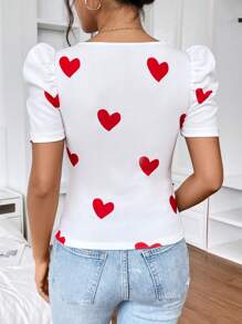 SHEIN Privé 愛心圖案泡泡袖T恤 - 白色 - 查看 2