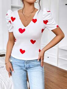 SHEIN Privé 愛心圖案泡泡袖T恤 - 白色 - 查看 3