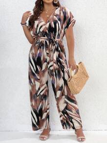 SHEIN Holidaya Plus Allover Print Batwing Sleeve Belted Wide Leg Jumpsuit - Multicolor - View 1