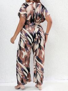 SHEIN Holidaya Plus Allover Print Batwing Sleeve Belted Wide Leg Jumpsuit - Multicolor - View 2