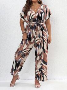 SHEIN Holidaya Plus Allover Print Batwing Sleeve Belted Wide Leg Jumpsuit - Multicolor - View 3