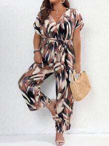 SHEIN Holidaya Plus Allover Print Batwing Sleeve Belted Wide Leg Jumpsuit - Multicolor - View 4