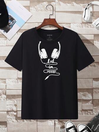 男士耳機和字母圖案T恤