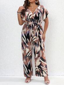 SHEIN Holidaya Plus Allover Print Batwing Sleeve Belted Wide Leg Jumpsuit - Multicolor - View 5