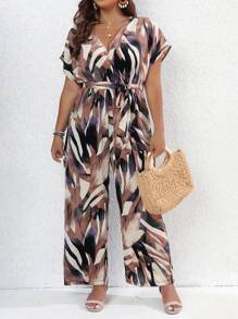 SHEIN Holidaya Plus Allover Print Batwing Sleeve Belted Wide Leg Jumpsuit - Multicolor - View 6