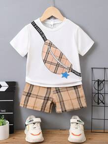SHEIN Toddler Boys Bag & Plaid Print Tee & Shorts - Multicolor - View 1