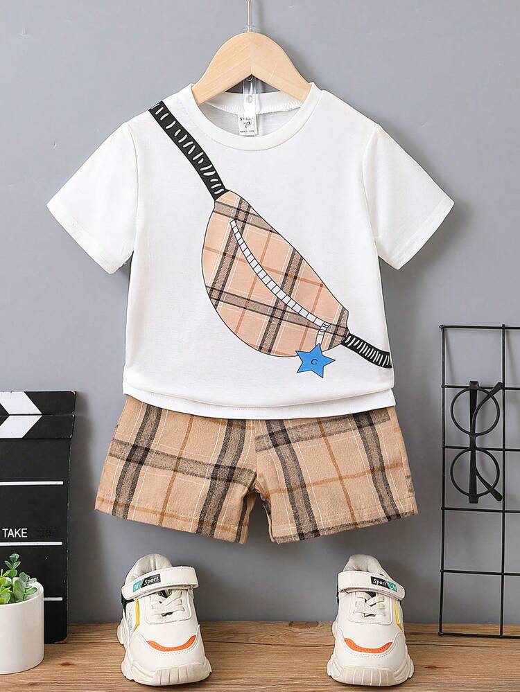 SHEIN Toddler Boys Bag & Plaid Print Tee & Shorts - Multicolor - View 1