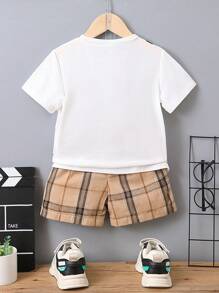 SHEIN Toddler Boys Bag & Plaid Print Tee & Shorts - Multicolor - View 2