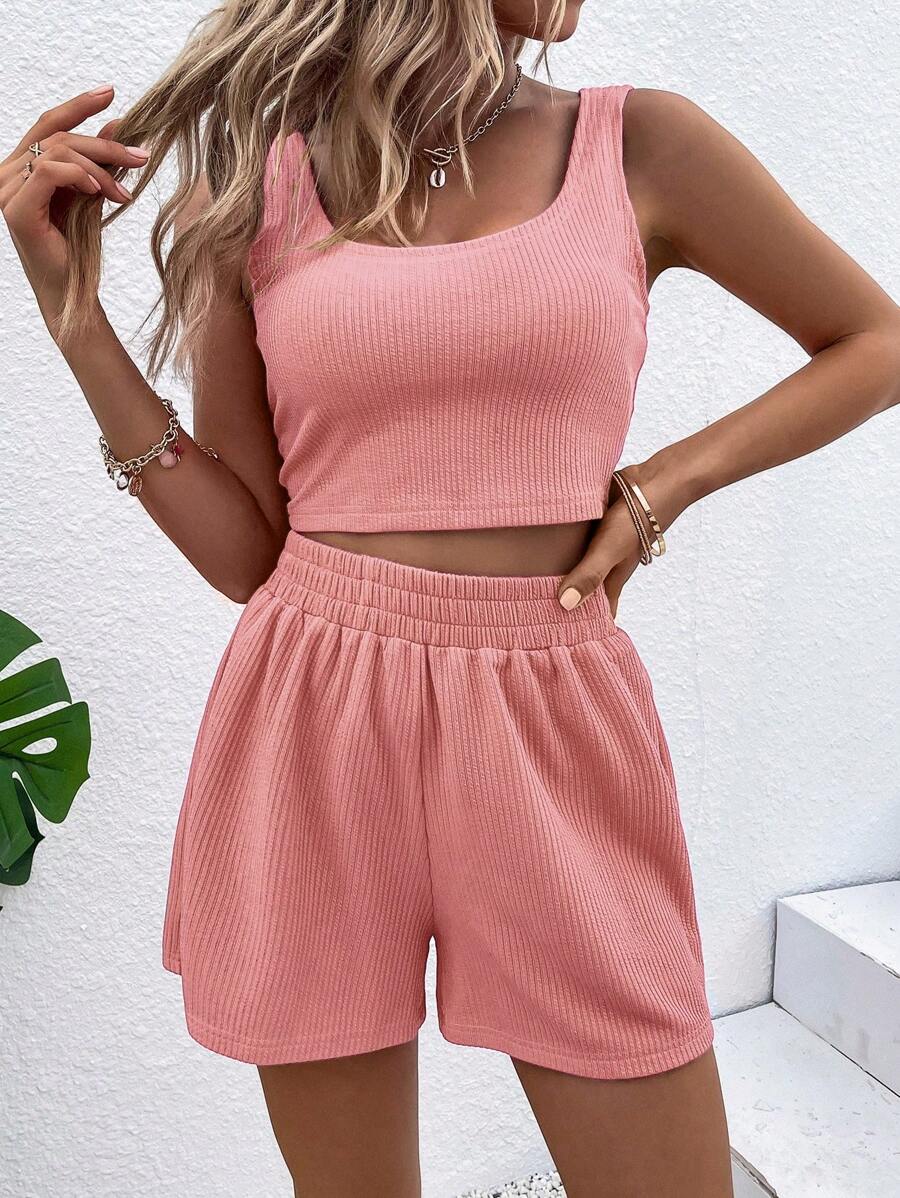 Chiquease Solid Ribbed Knit Tank Top & Shorts