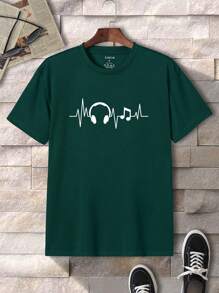 男士耳機圖案T恤 - 墨綠色 - 查看 1